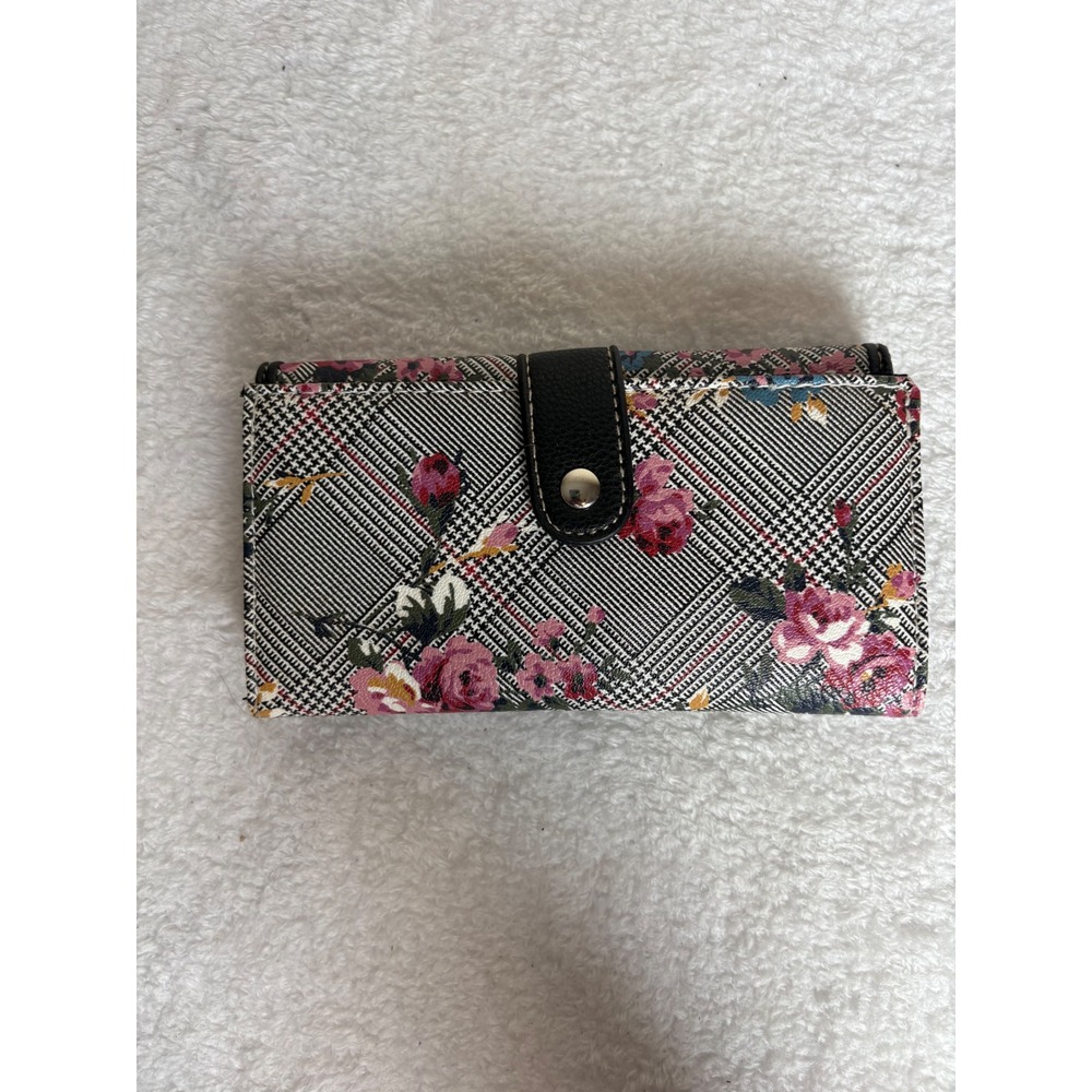 Floral Plaid Trifold Wallet Pink Blue Flowers Houndstooth Snap Turn Lock Closure